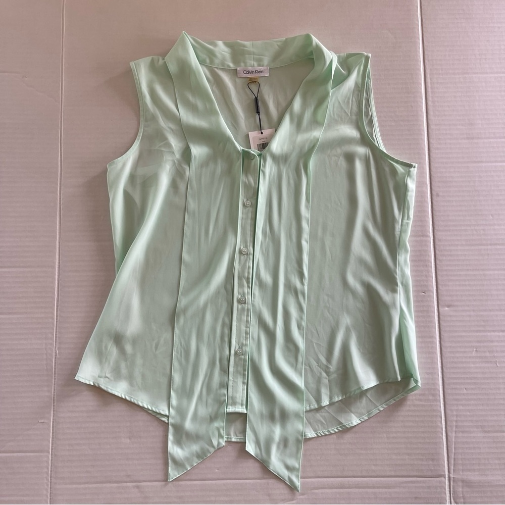 CALVIN KLEIN Mint Green tie neck sleeveless blouse New With tags Size Large - Picture 9 of 9